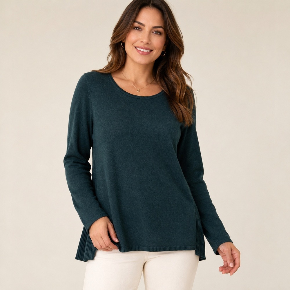 J. Jill Forest Green Ribbed Tunic Sweater Side Panel Cotton Blend Women's Size M